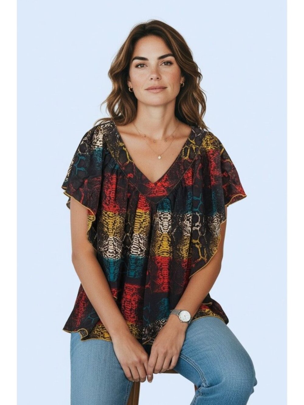 Passports Ruffled snake print colorful Summer Bohemian Gyspy Tunic size Medium